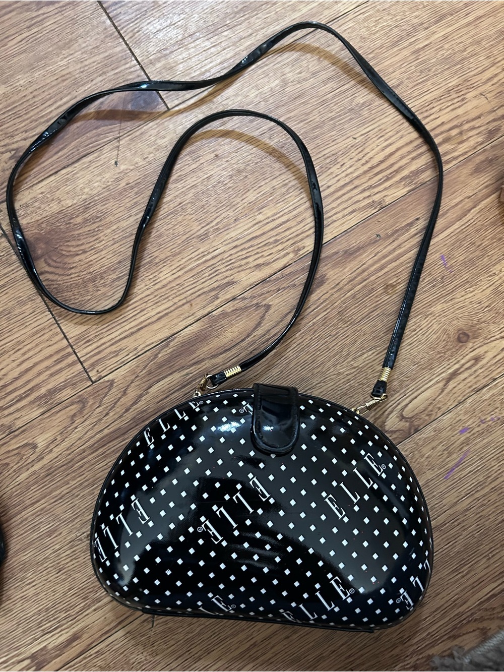 Black Patent Crossbody Bag with Logo Print